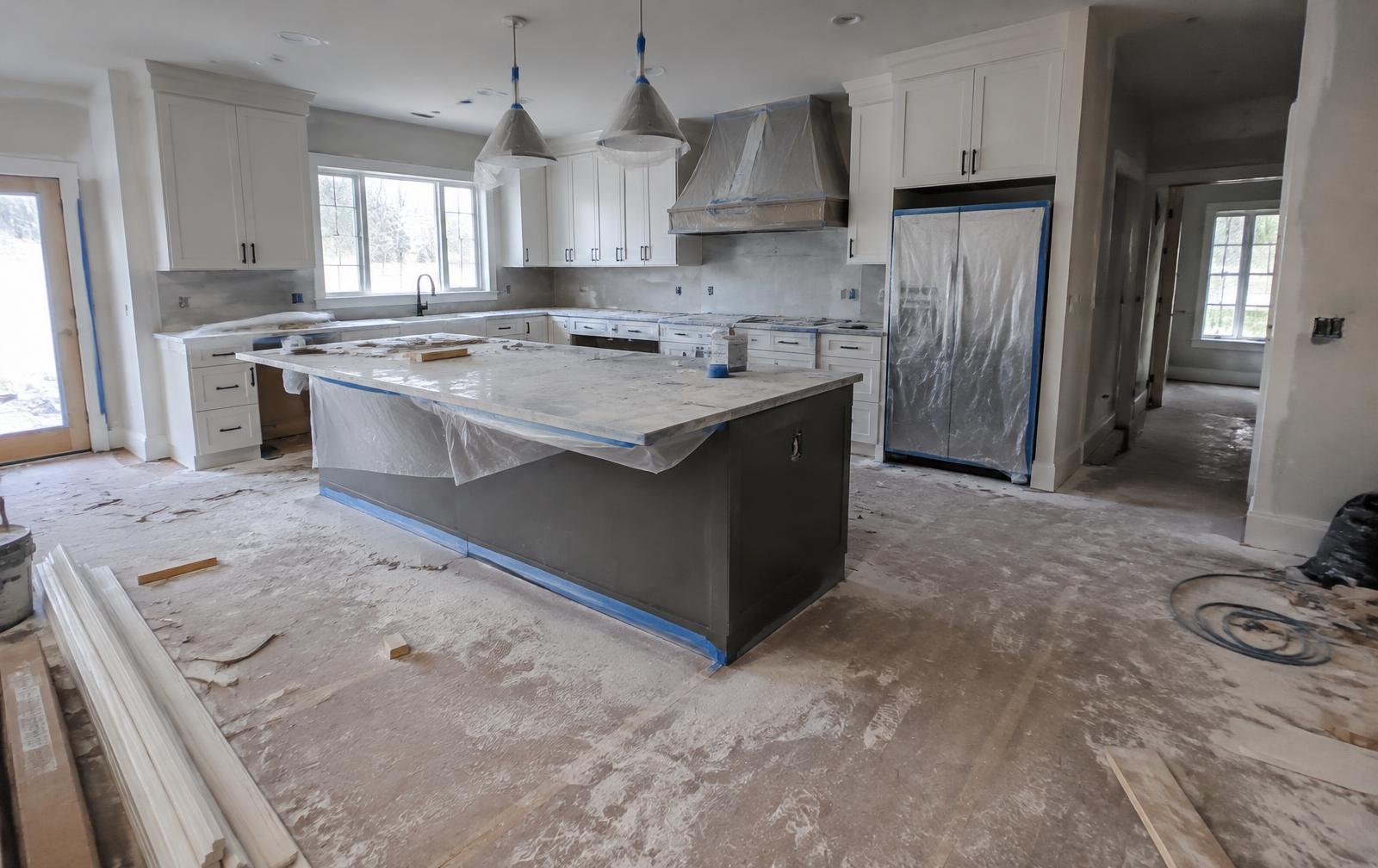 New kitchen covered in construction dust