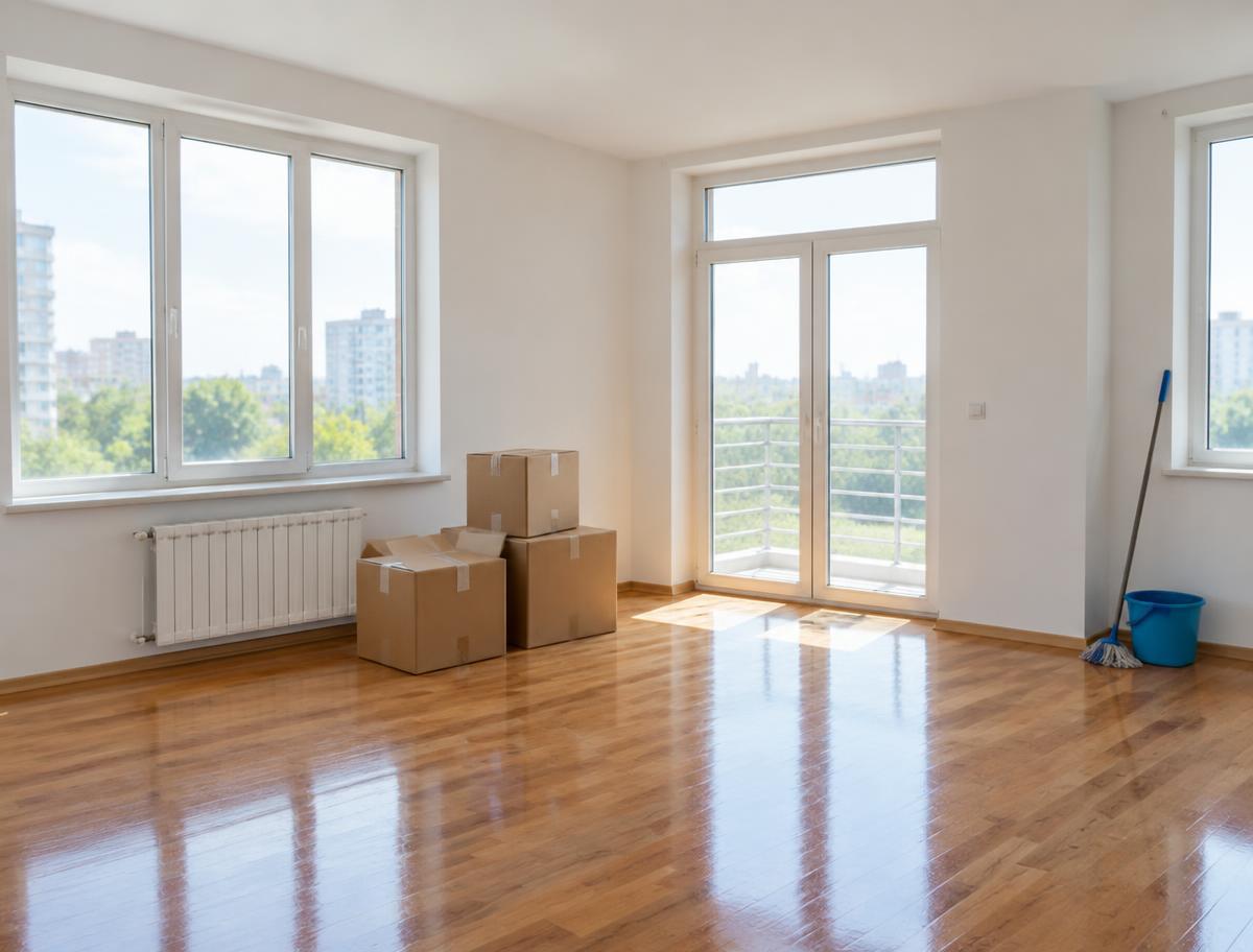 Empty bright apartment with moving boxes and freshly cleaned floors