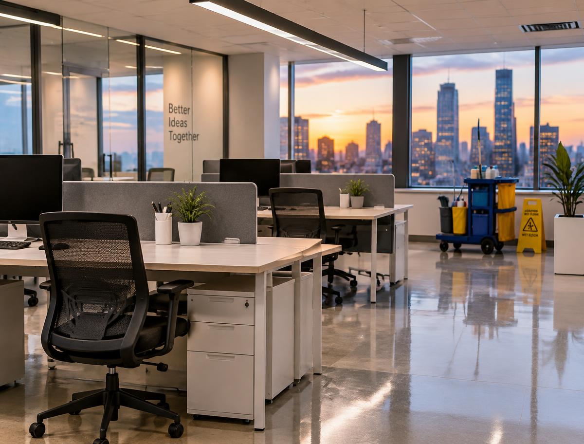 Clean, modern open-plan office with tidy desks