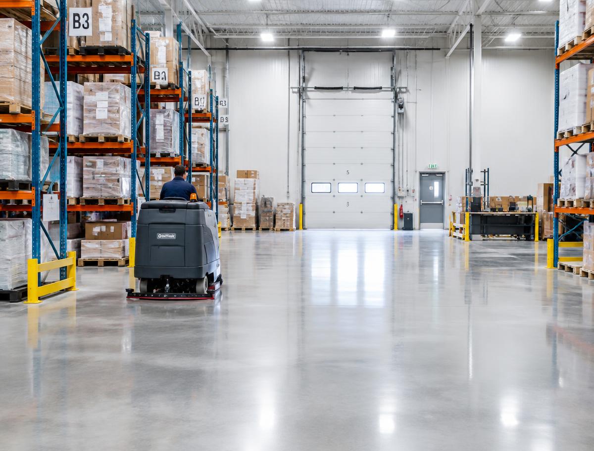 Spacious warehouse with polished concrete floor and shelving